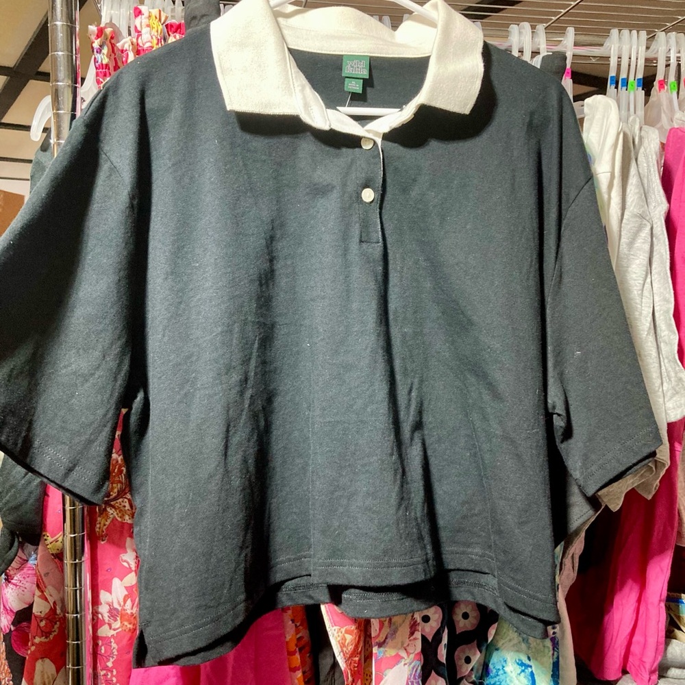 Black Polo Shirt with White Collar Crop Top